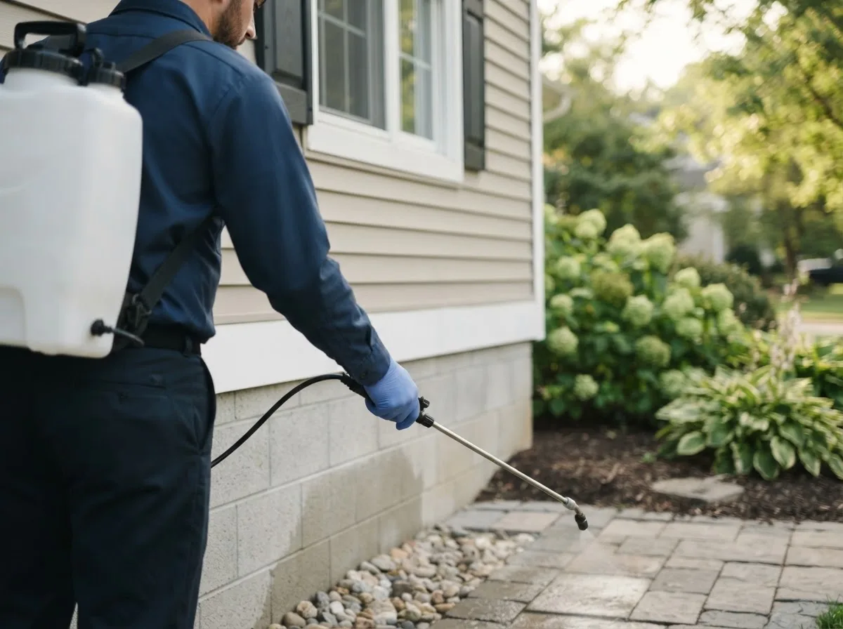 Pest control technician inspecting a home in Dresser, WI
